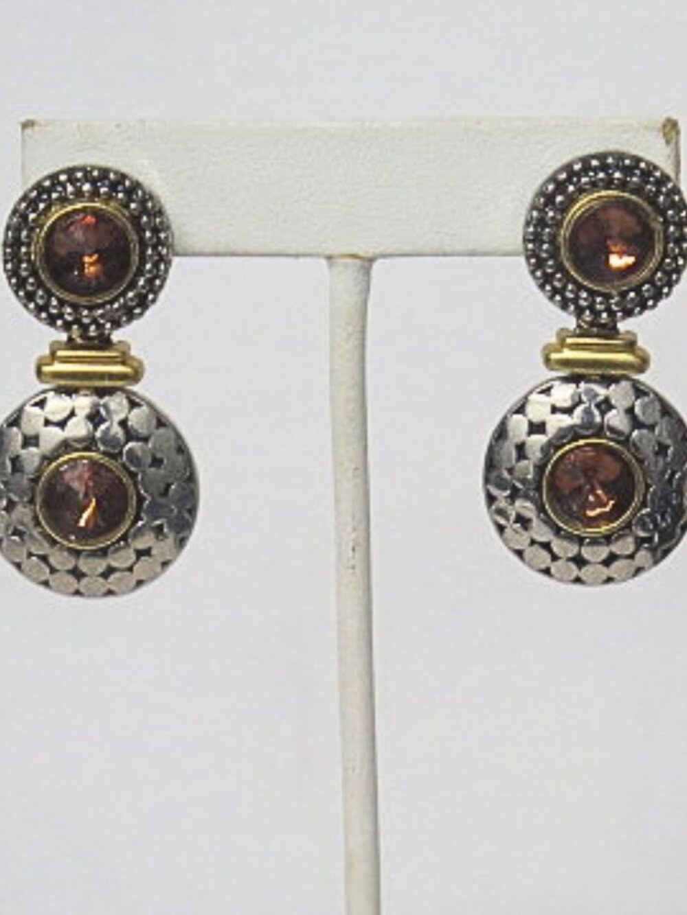 Vintage Estate Amber Rhinestone Mixed Metal Textured Dangle Earrings